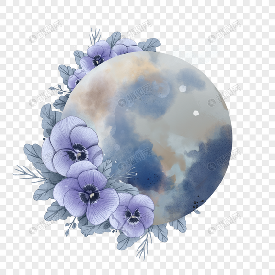 水彩花卉月亮满月图片
