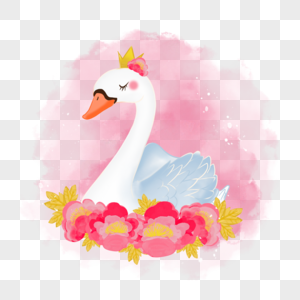 粉红色牡丹花包围水彩风格白天鹅图片