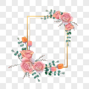 粉色鲜花绽放水彩纹理金色边框图片