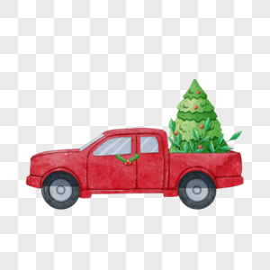 圣诞卡车和圣诞树装饰水彩图片