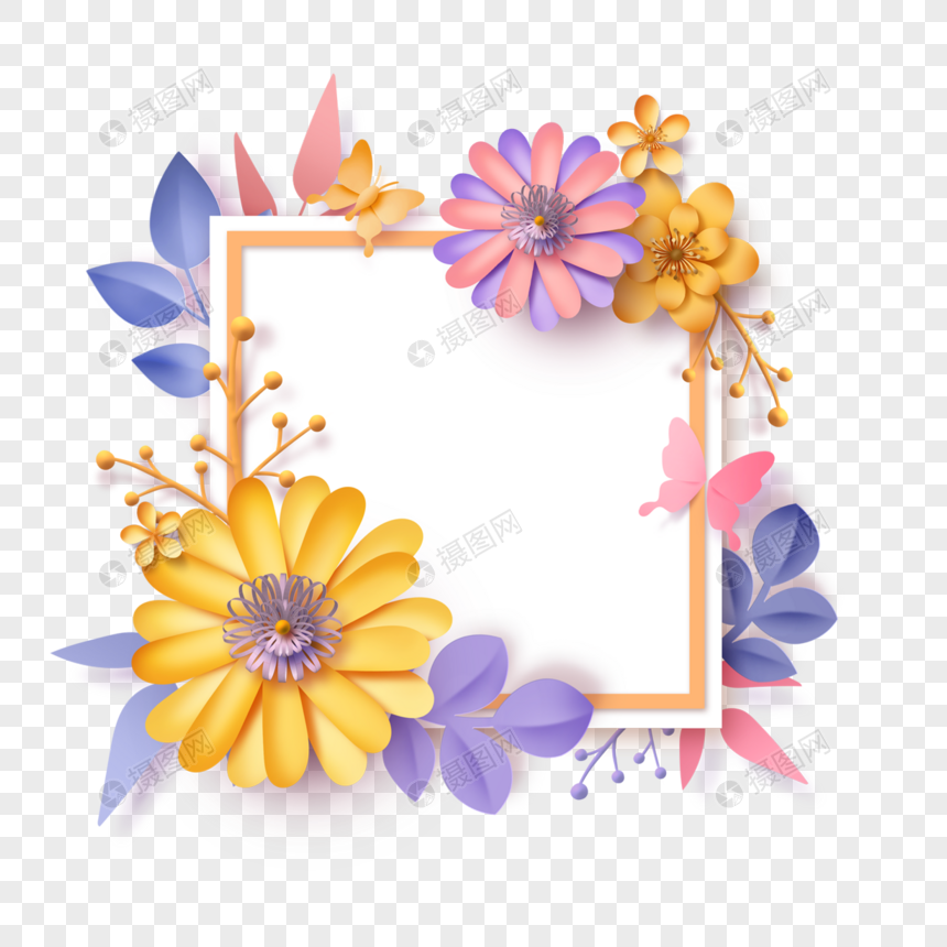 彩色剪纸花卉正方形边框图片