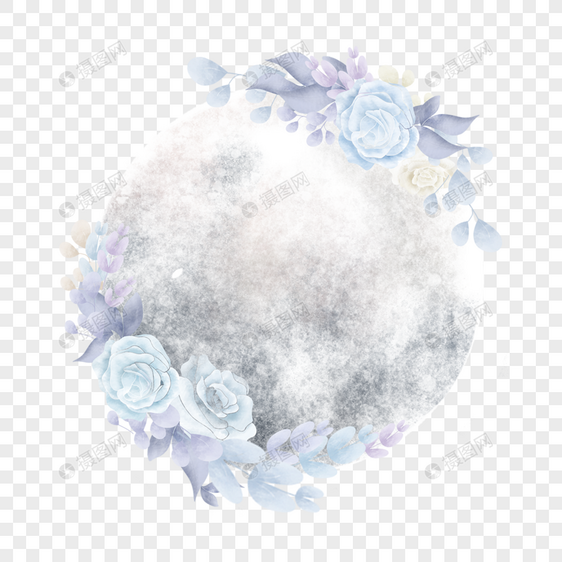 白色水彩花卉满月月亮图片