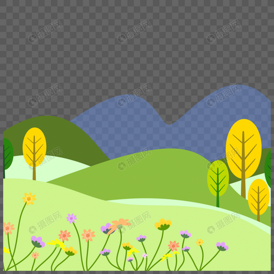 山脉树木和青草春季花卉风景图片