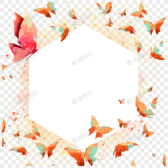 水彩橙色蝴蝶多边形边框图片