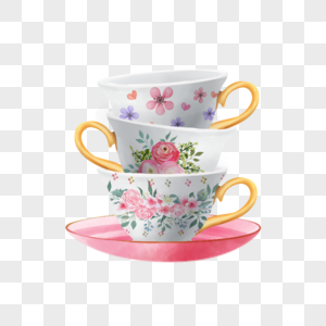 茶杯水彩花艺下午茶粉色花朵图片