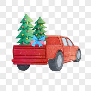 圣诞卡车和圣诞树水彩图片