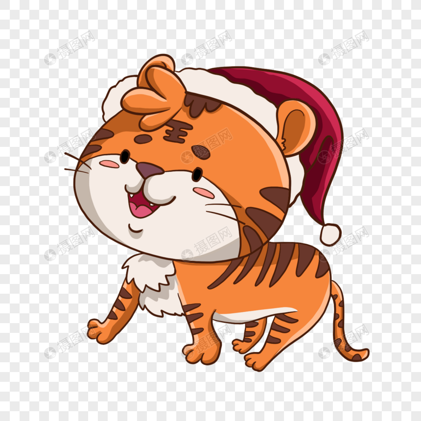 圣诞节新年戴圣诞帽的卡通老虎图片