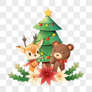 圣诞树下的泰迪熊与小鹿图片