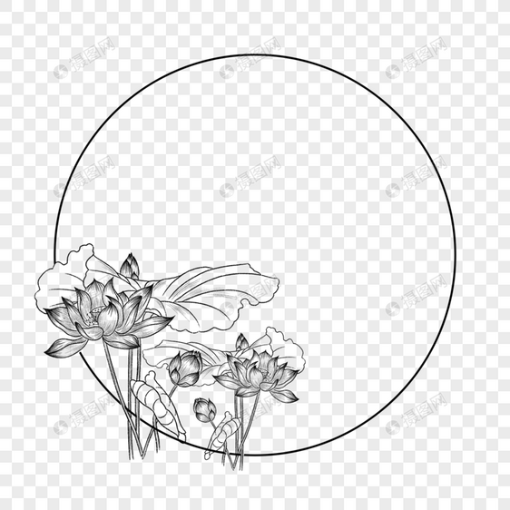 圆形手绘荷花线条线稿花卉边框图片