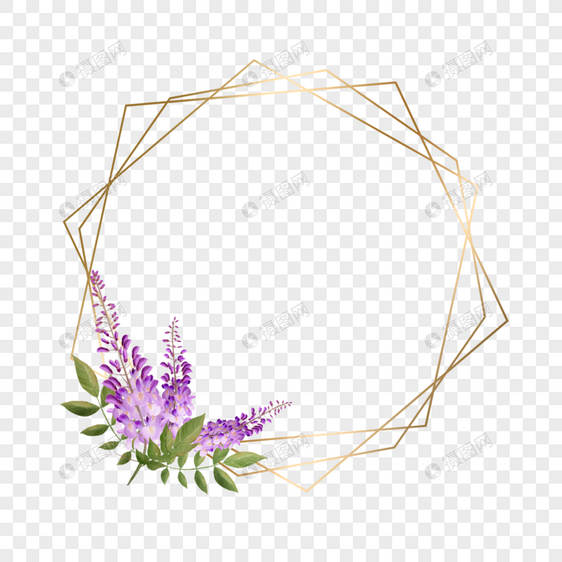 水彩紫藤花卉金色渐变边框图片