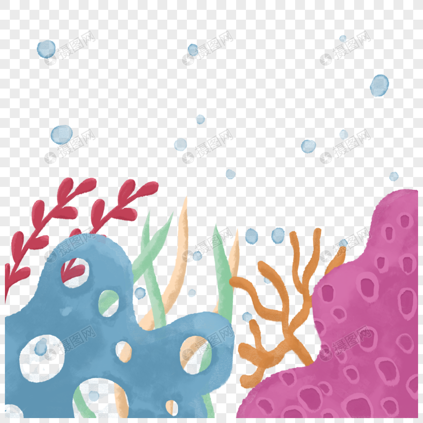 水彩海洋珊瑚生物海带叶子边框图片