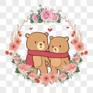 可爱动物情侣熊的粉色花卉花环图片