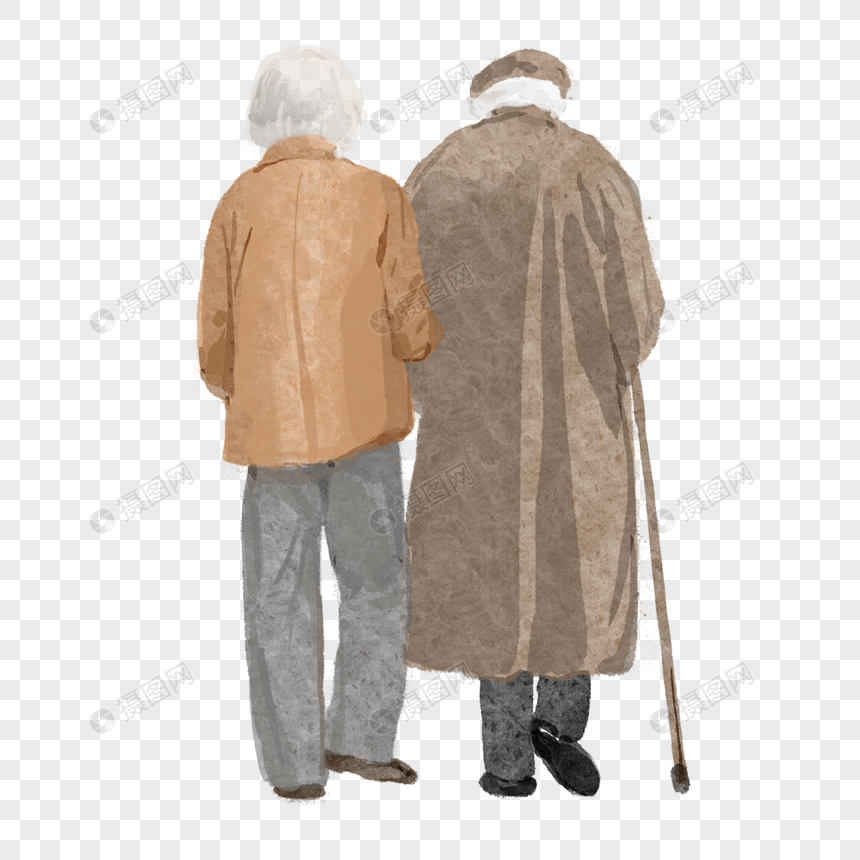 水彩互相搀扶的老年夫妻背影图片