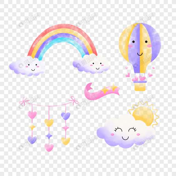 色彩斑斓的云朵热气球水彩组合图片