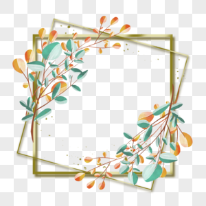 水彩方形金边框婚礼花卉花环图片