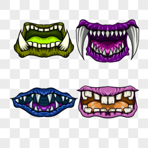 蓝色紫色绿色獠牙卡通怪物嘴巴图片