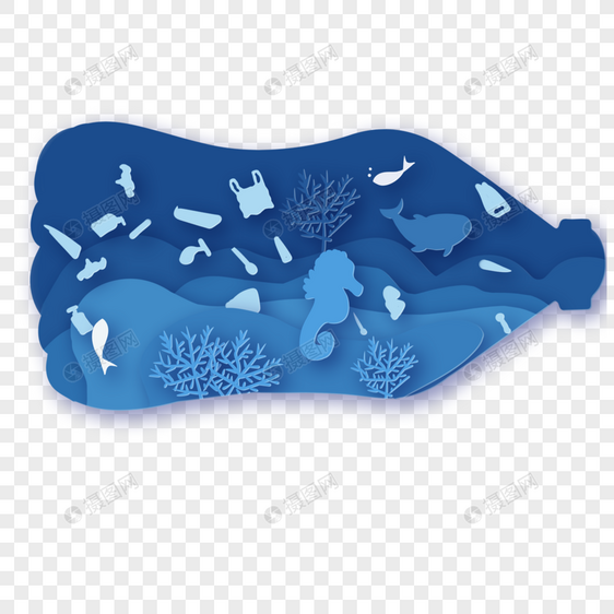 海洋塑料垃圾污染剪纸风格图片