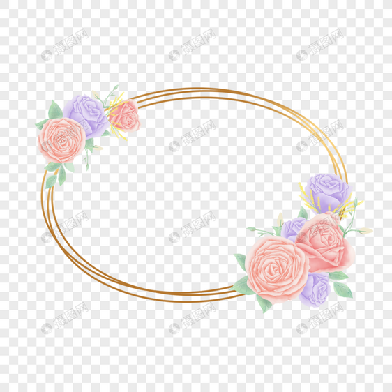 椭圆形玫瑰花花朵金色花卉边框图片