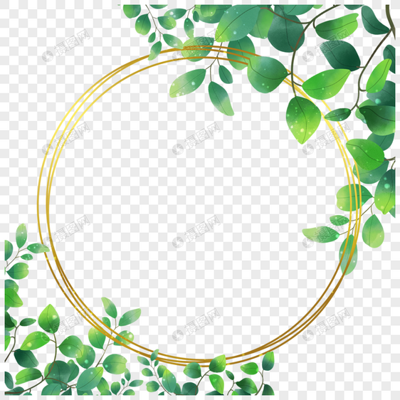 绿色树叶圆环金箔叶子边框图片
