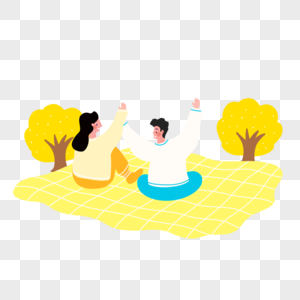 春季郊游插画黄色野餐布人物图片