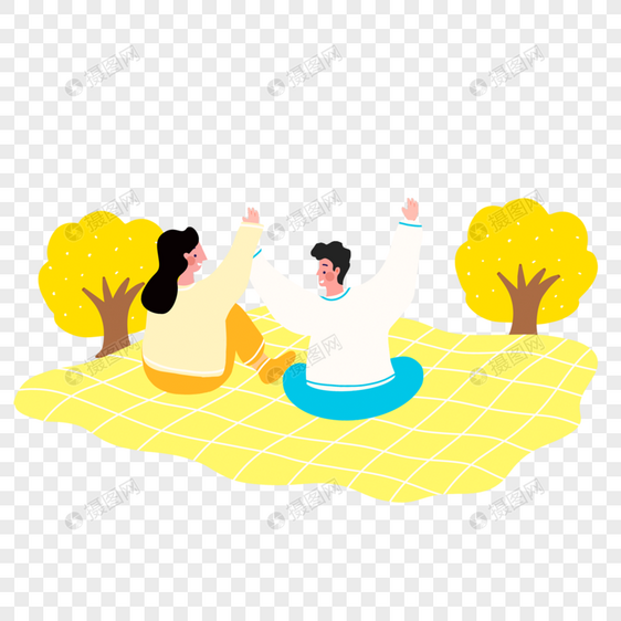 春季郊游插画黄色野餐布人物图片