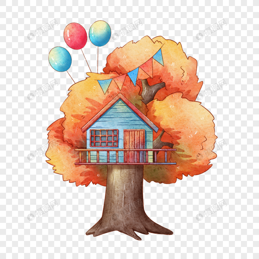 树屋和气球水彩图片