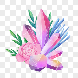 粉水晶和花卉植物水彩图片