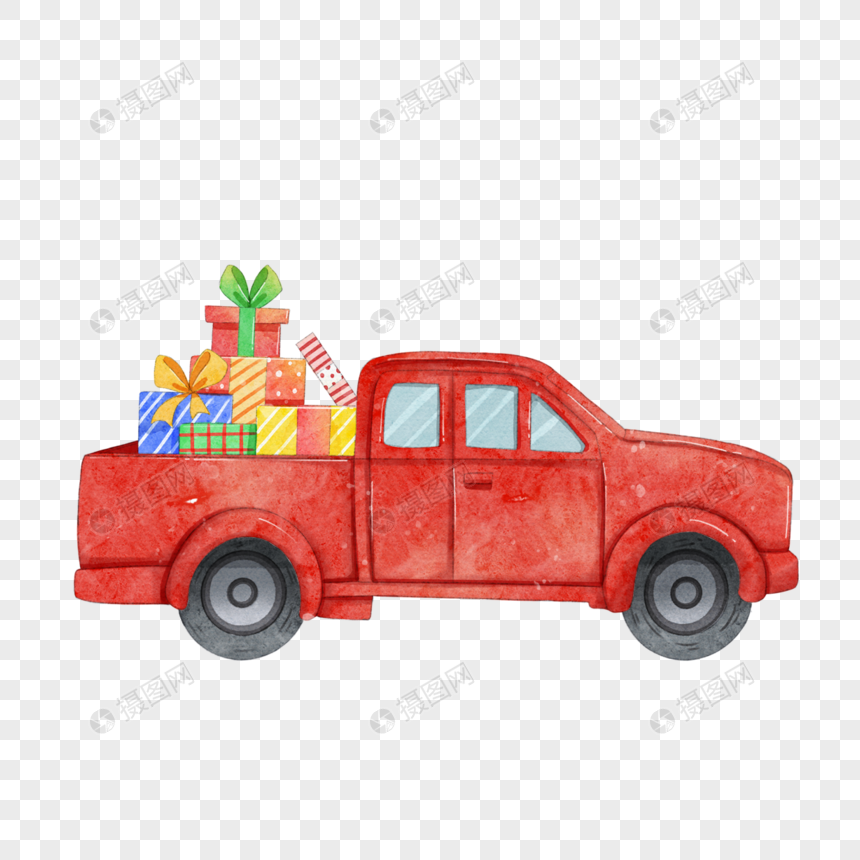 圣诞红色卡车和礼物盒水彩图片