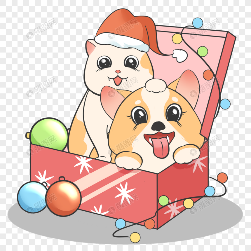 卡通风格可爱圣诞礼盒里的小动物图片