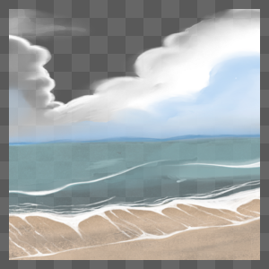 蓝色海浪沙滩水彩云朵自然风景图片