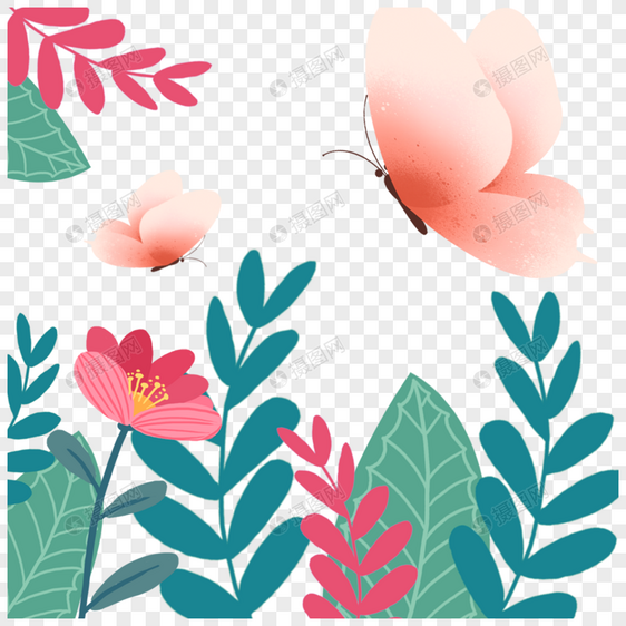 彩色蝴蝶花卉树叶装饰春天图片