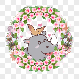 犀牛动物情侣栀子花花卉花环高清图片