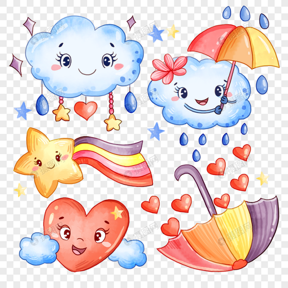 雨天雨滴云朵爱心卡通水彩画图片