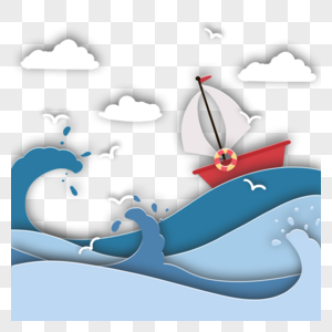 剪纸风格海洋帆船航行海浪云层图片