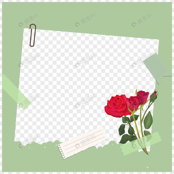 手账撕纸红色花卉绿色边框图片