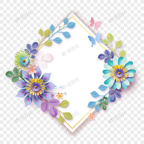 剪纸花卉叶子菱形边框质感图片