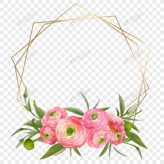 水彩婚礼花卉花毛茛植物叶子金线边框图片