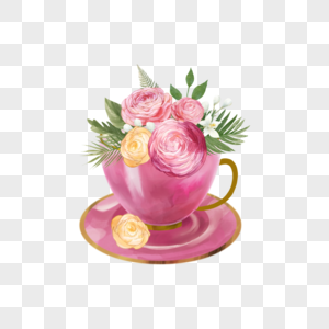 茶杯水彩花艺下午茶粉色花朵图片
