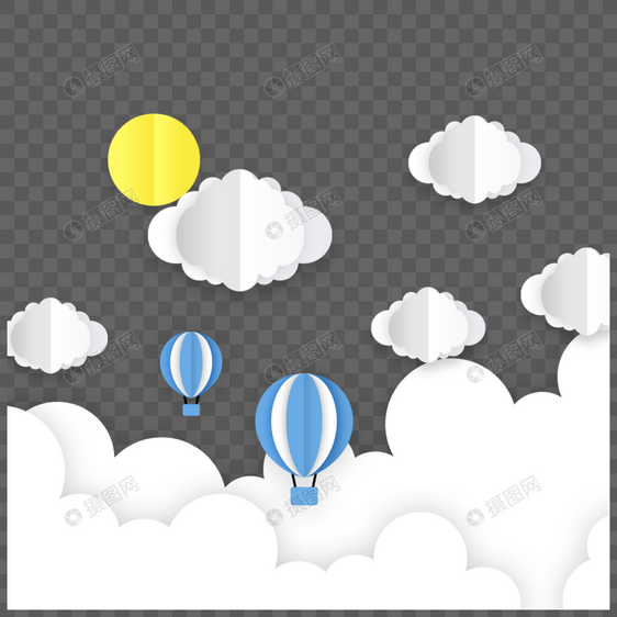 剪纸白色云朵和卡通热气球图片