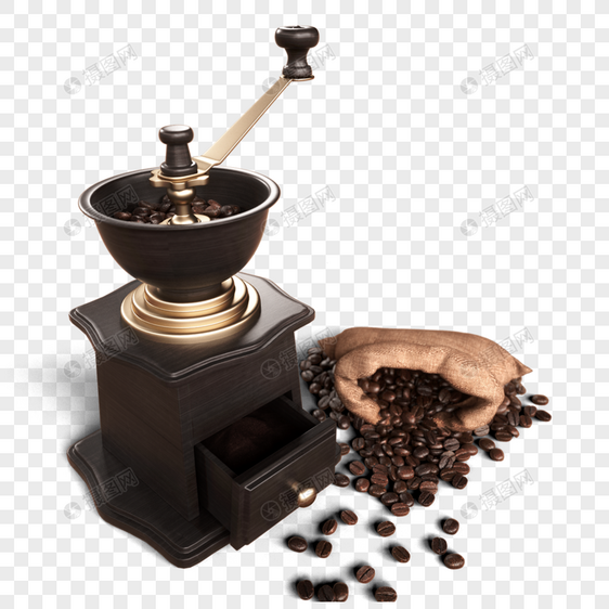 立体咖啡机和咖啡豆图片