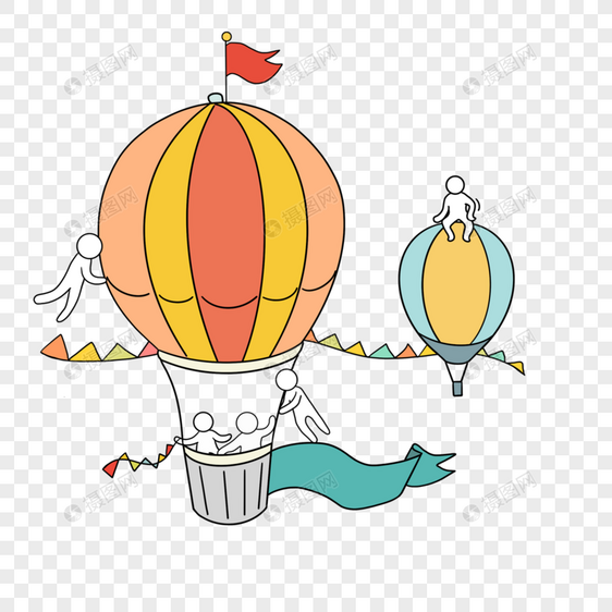 坐热气球的可爱卡通人物线稿线条画图片