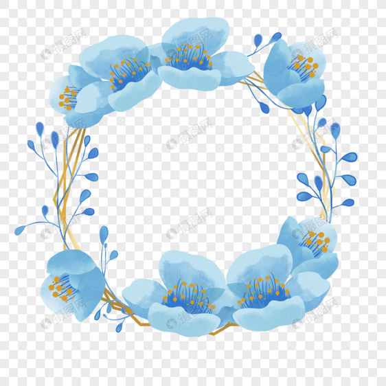 金边缠绕蓝色花朵植物花卉婚礼边框图片