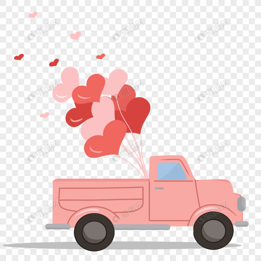 挂满了红色气球的卡通婚车图片