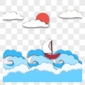 夏日剪纸艺术帆船海浪图片