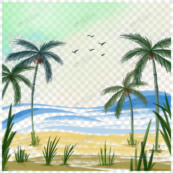 水彩风格海边景色椰子树图片