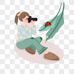 绿色裤子卡通摄影师拿着相机拍昆虫图片