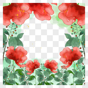 水彩晕染风格红花植物边框图片