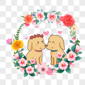 可爱动物情侣狗与栀子花花卉花环图片