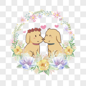 可爱动物情侣小狗彩色花卉花环图片