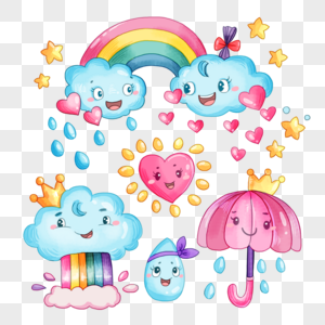雨天彩虹卡通水彩画图片